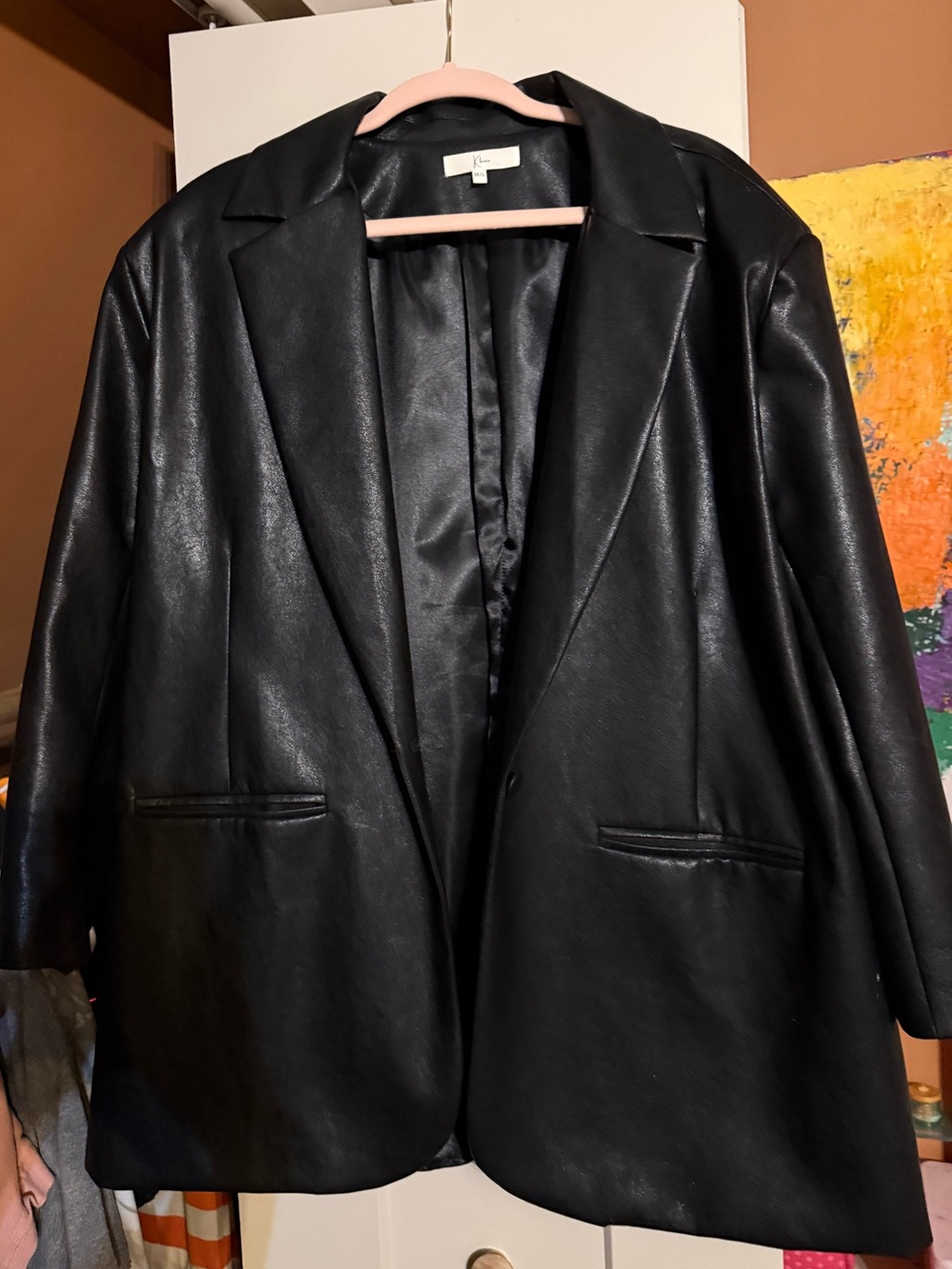 Black Faux Leather Blazer Jacket - Women